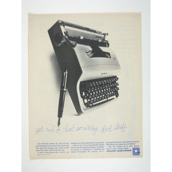Olivetti Underwood Lettera 32 Portable Manual Typewriter Fountain Pen Print AD - Picture 1 of 2